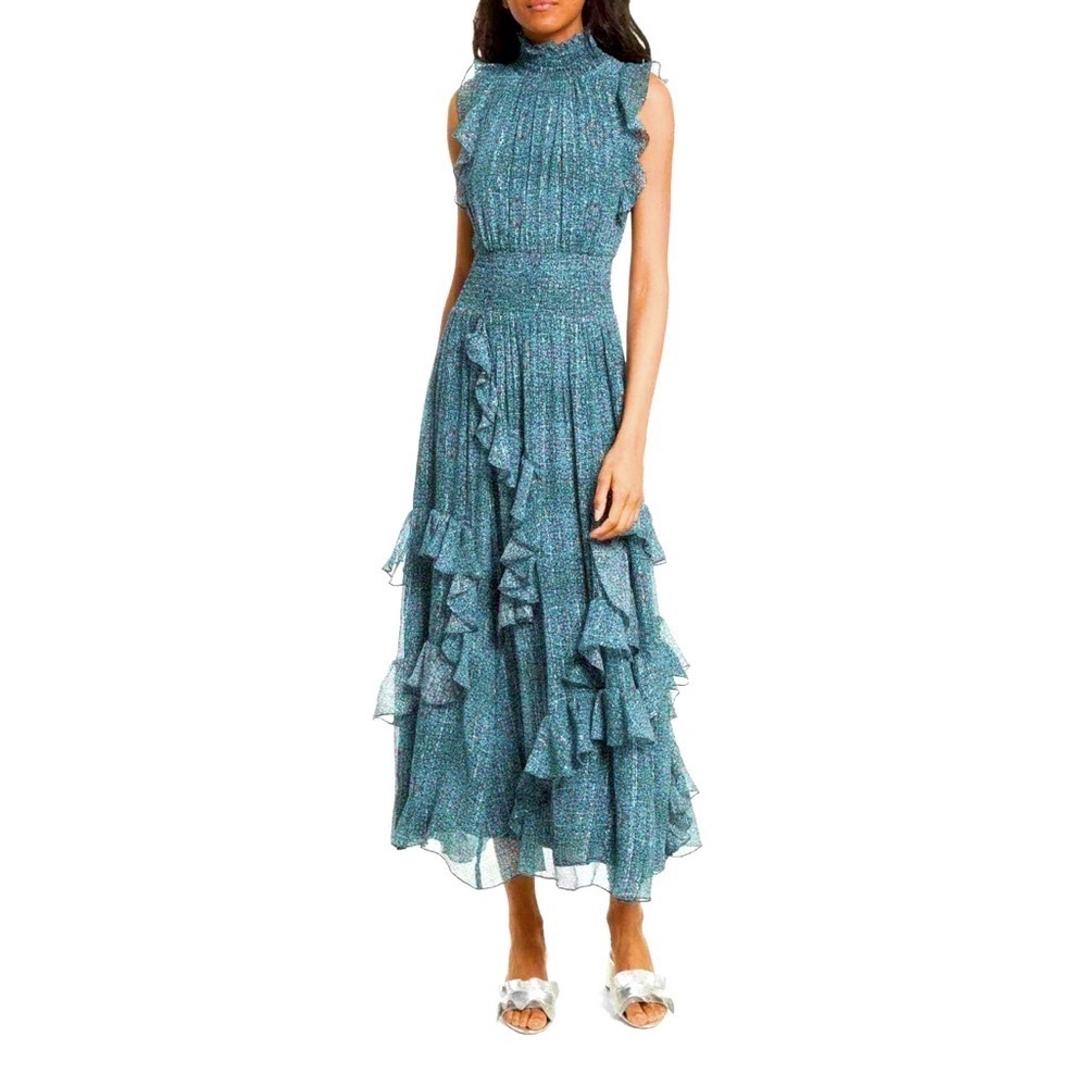 REBECCA TAYLOR Minnie Floral Turquoise Ruffled Smocked Maxi Dress